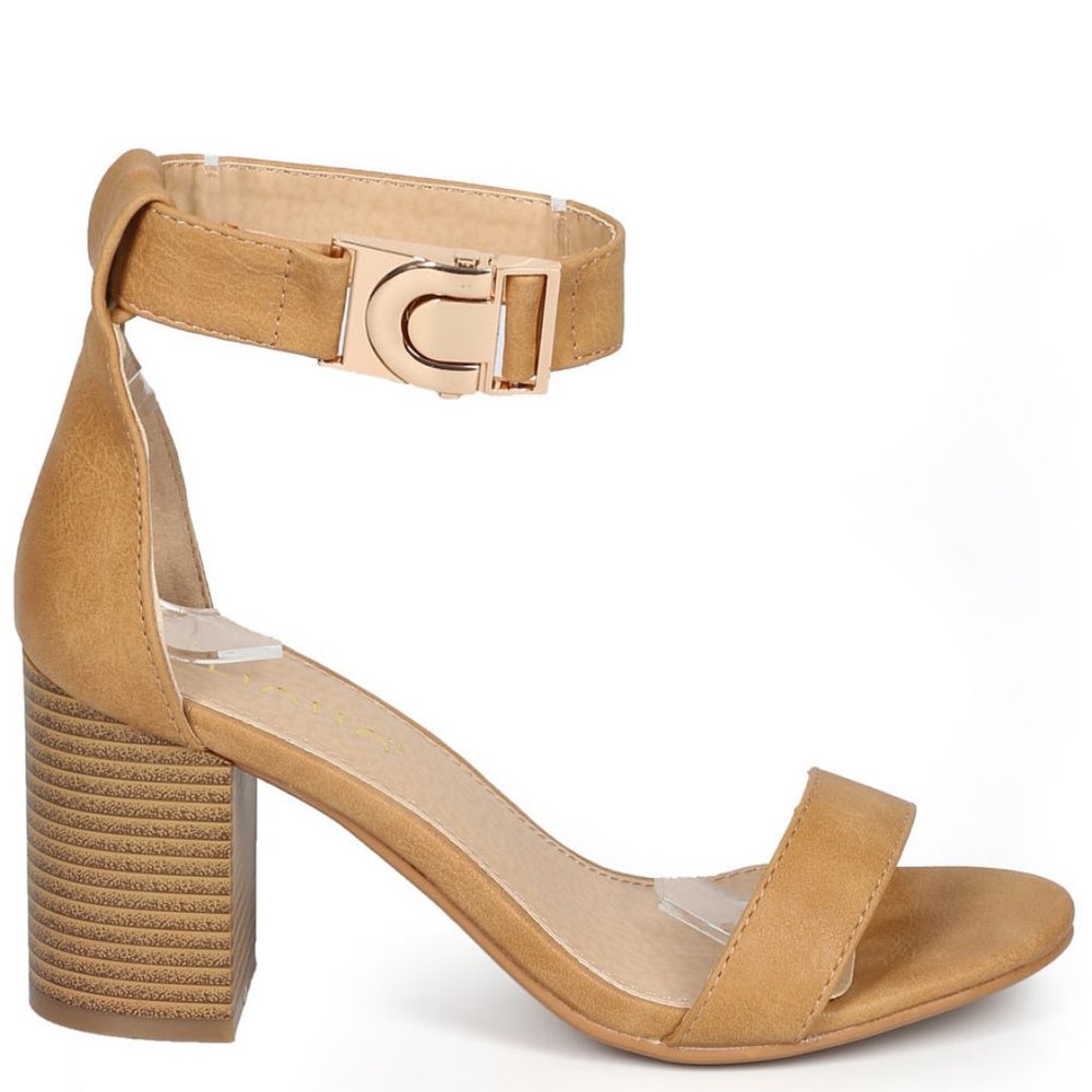 Liliana Open Toe Chunky Block Heel "C" Clasp Nude Stacked Heels
